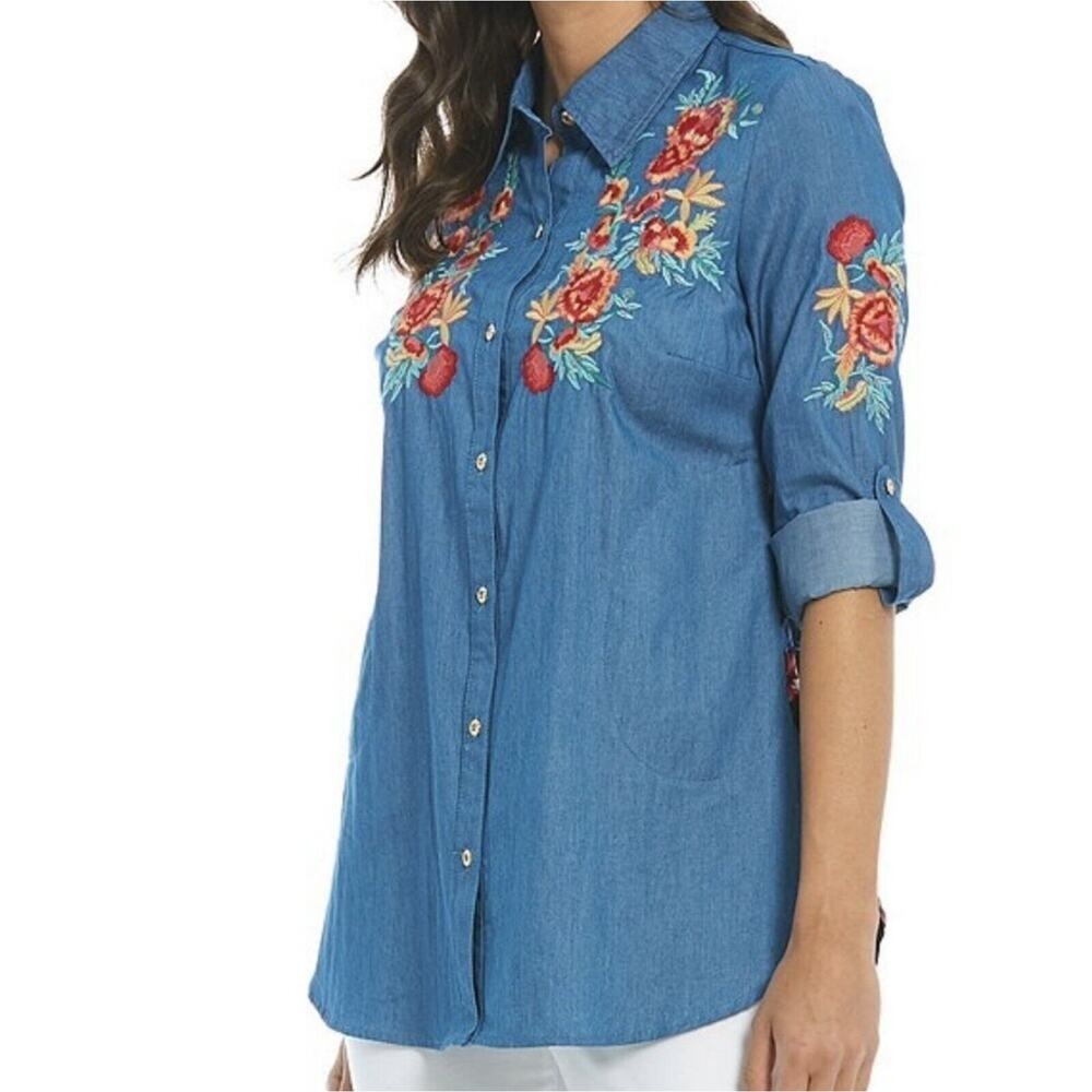 Calessa Women's Small S Tunic Top Shirt Embroidered Button Down Blue Long Sleeve